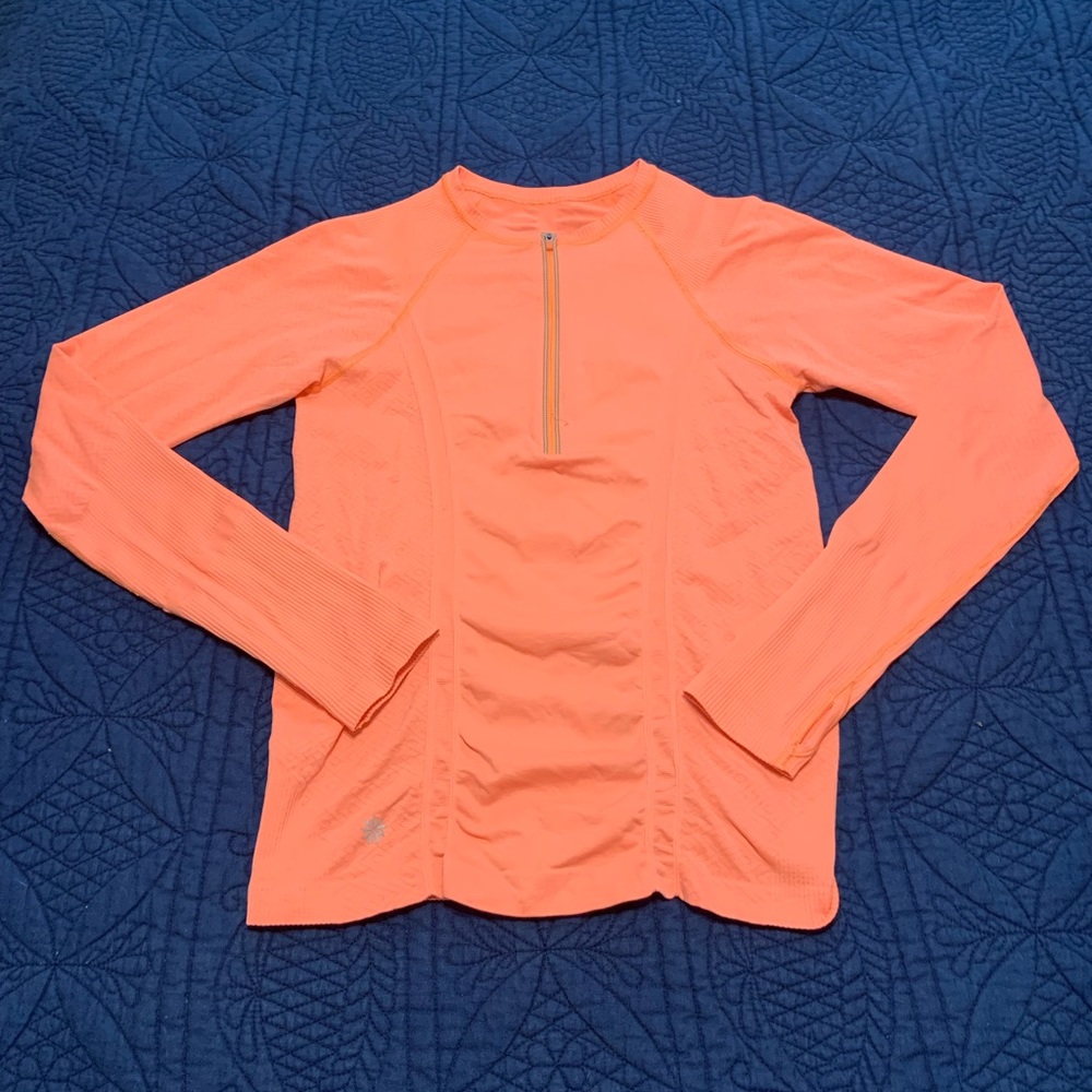 Athleta Pale Orange Ruched ZIp up sport athletic gym top Long Sleeved M EUC